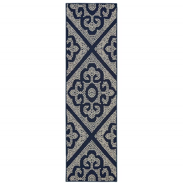 2' X 8' Blue and Ivory Geometric Stain Resistant Indoor Outdoor Area Rug