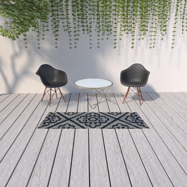 2' X 8' Blue and Ivory Geometric Stain Resistant Indoor Outdoor Area Rug - Image 3