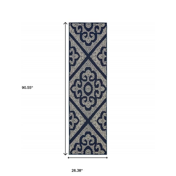 2' X 8' Blue and Ivory Geometric Stain Resistant Indoor Outdoor Area Rug - Image 6