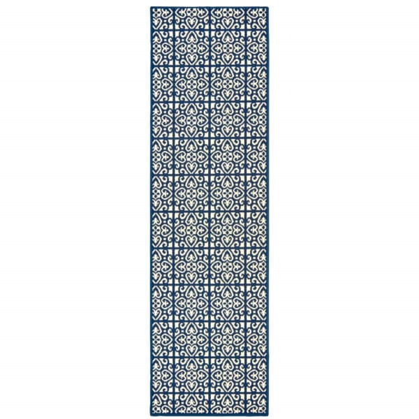 2' X 8' Ivory and Blue Geometric Stain Resistant Indoor Outdoor Area Rug - Image 2