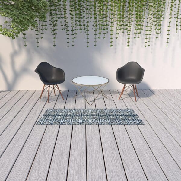 2' X 8' Ivory and Blue Geometric Stain Resistant Indoor Outdoor Area Rug - Image 3