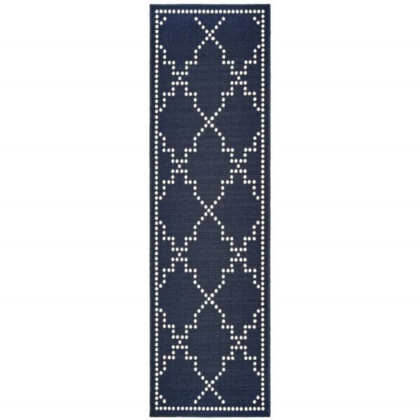 2' X 8' Blue and Ivory Geometric Stain Resistant Indoor Outdoor Area Rug