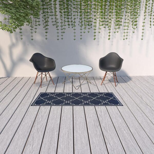 2' X 8' Blue and Ivory Geometric Stain Resistant Indoor Outdoor Area Rug - Image 3