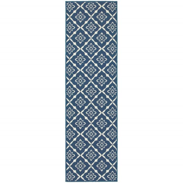 2' X 8' Blue and Ivory Floral Stain Resistant Indoor Outdoor Area Rug