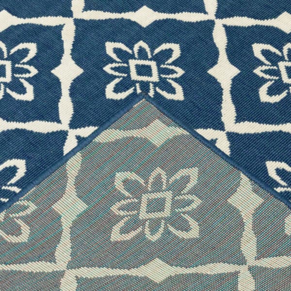 2' X 8' Blue and Ivory Floral Stain Resistant Indoor Outdoor Area Rug - Image 7