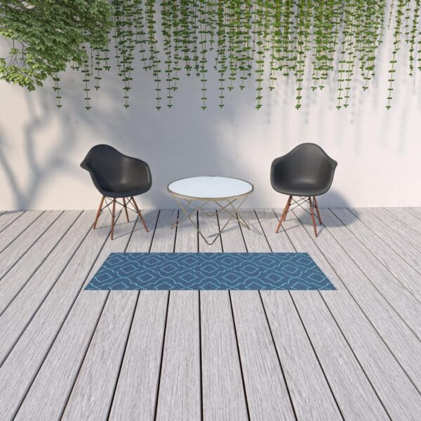 2' x 8' Blue Geometric Stain-Resistant Indoor/Outdoor Area Rug - Image 3