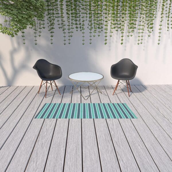 2' X 8' Blue and Green Geometric Stain Resistant Indoor Outdoor Area Rug - Image 3