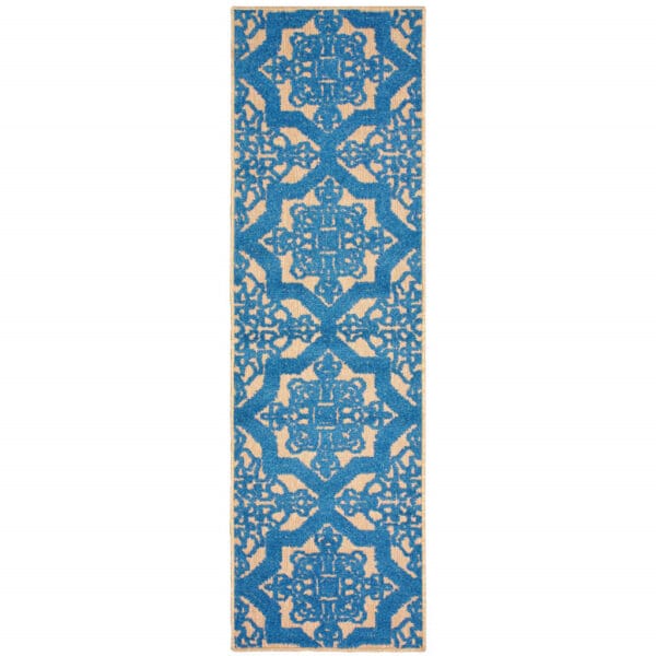 2' X 8' Blue and Beige Oriental Stain Resistant Indoor Outdoor Area Rug - Image 2