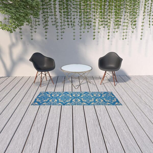 2' X 8' Blue and Beige Oriental Stain Resistant Indoor Outdoor Area Rug - Image 3