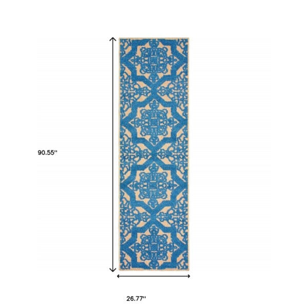 2' X 8' Blue and Beige Oriental Stain Resistant Indoor Outdoor Area Rug - Image 6