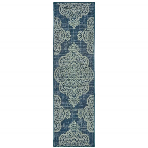 2' X 8' Blue Oriental Stain Resistant Indoor Outdoor Area Rug - Image 2