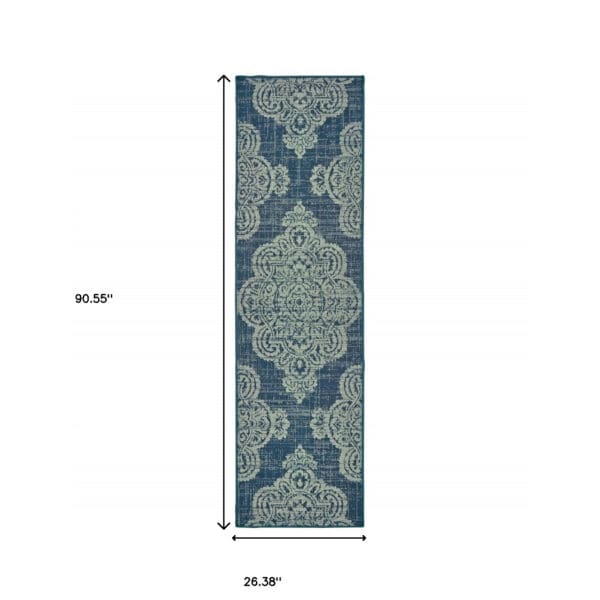 2' X 8' Blue Oriental Stain Resistant Indoor Outdoor Area Rug - Image 6