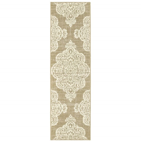 2' X 8' Tan Oriental Stain Resistant Indoor Outdoor Area Rug