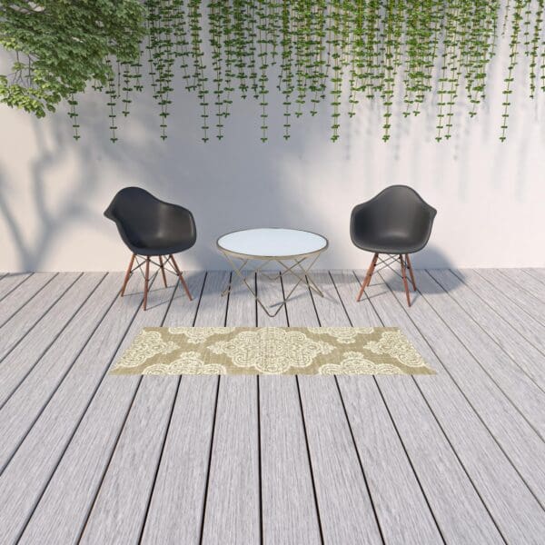 2' X 8' Tan Oriental Stain Resistant Indoor Outdoor Area Rug - Image 3