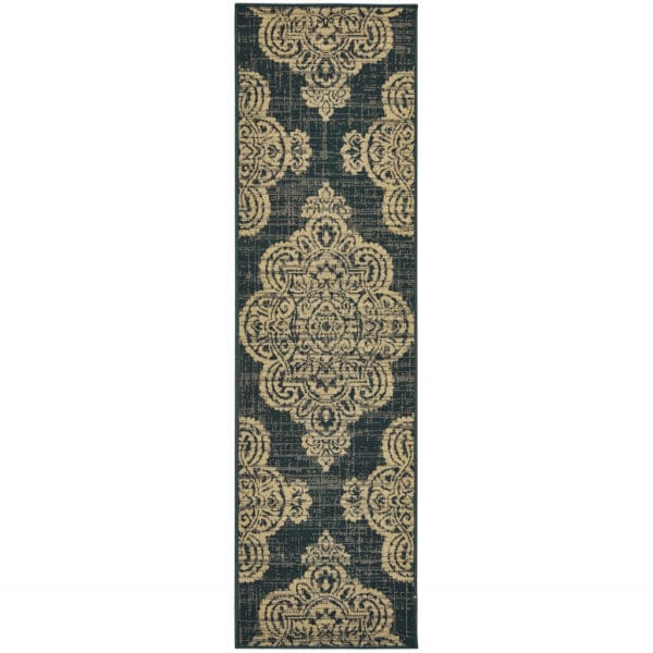 2' X 8' Black and Tan Oriental Stain Resistant Indoor Outdoor Area Rug