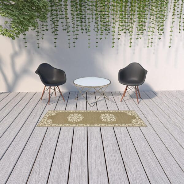 2' X 8' Tan Oriental Stain Resistant Indoor Outdoor Area Rug - Image 3