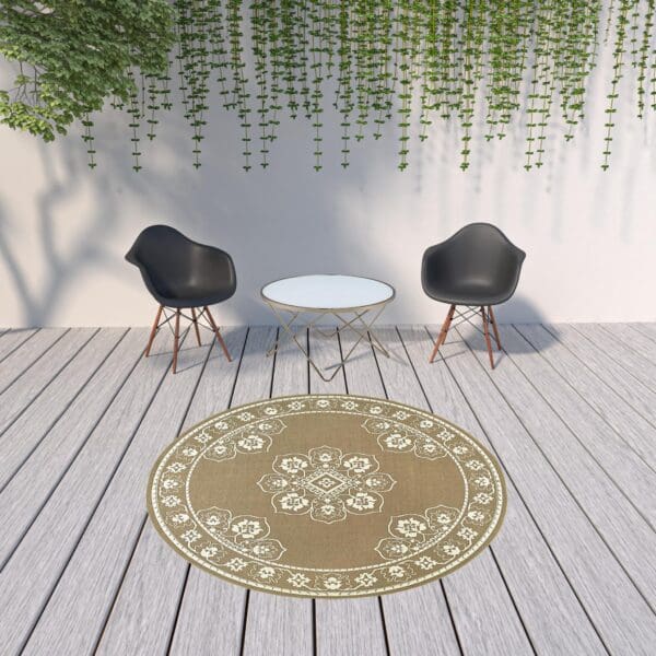 8' x 8' Round Oriental Stain-Resistant Indoor/Outdoor Area Rug - Tan - Image 3