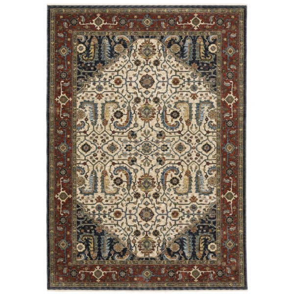 8' X 11' Ivory Beige Red Blue Gold Green And Navy Oriental Power Loom Stain Resistant Area Rug With Fringe - Image 2