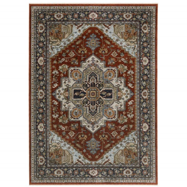 3' X 5' Blue Beige Grey Gold Green And Rust Red Oriental Power Loom Stain Resistant Area Rug With Fringe - Image 2