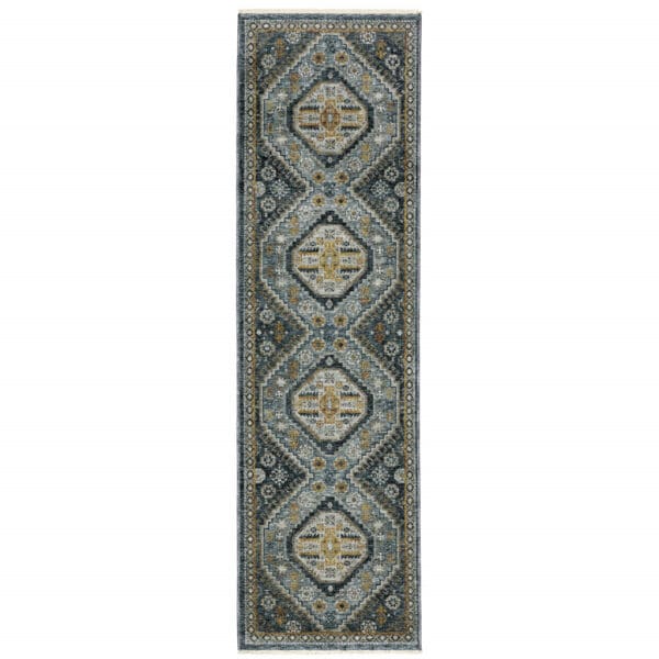 2' x 8' Power Loom Stain-Resistant Runner Rug with Fringe - Blue, Gold, Ivory, & Navy - Image 2