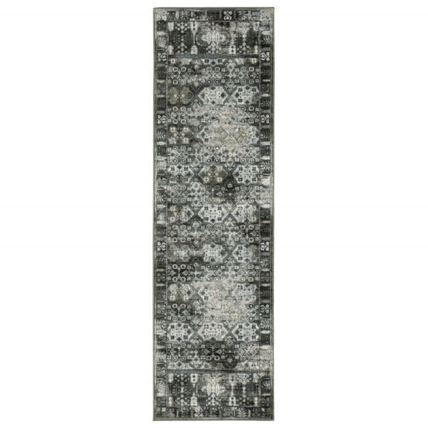 2' x 8' Power Loom Stain-Resistant Runner Rug - Charcoal Gray with Blue, Ivory, & Taupe