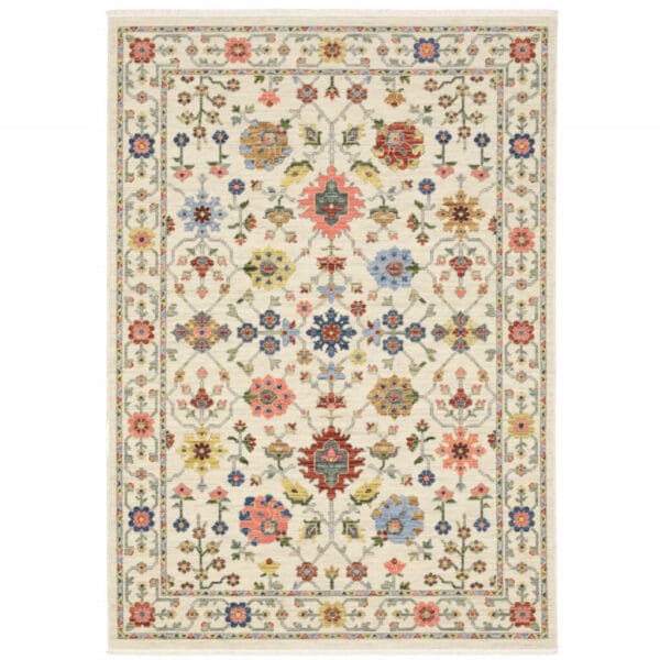 2' x 3' Oriental Power Loom Stain-Resistant Area Rug with Fringe - Ivory