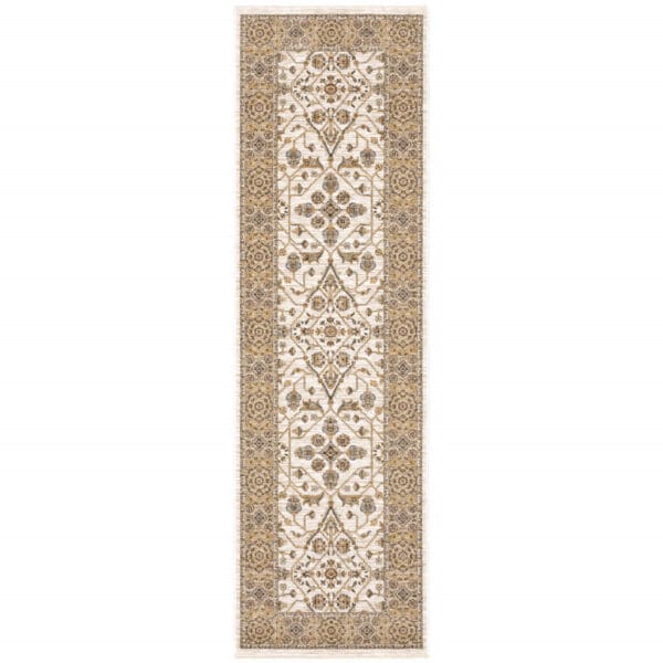 2' x 8' Power Loom Stain-Resistant Runner Rug with Fringe - Ivory & Gold