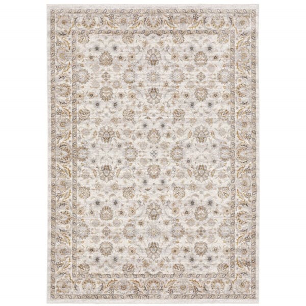 8' X 11' Ivory And Grey Oriental Power Loom Stain Resistant Area Rug With Fringe