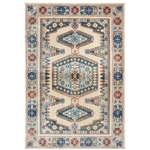 10' x 13' Oriental Power Loom Stain-Resistant Area Rug - Ivory & Blue