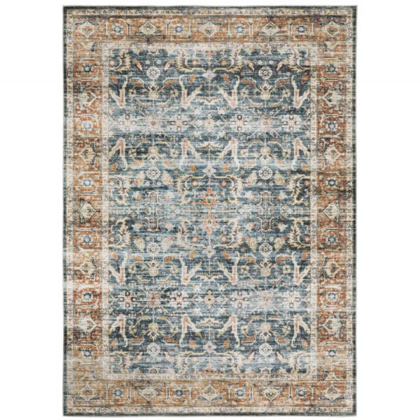 7' X 10' Blue Rust Gold And Olive Oriental Printed Stain Resistant Non Skid Area Rug - Image 2