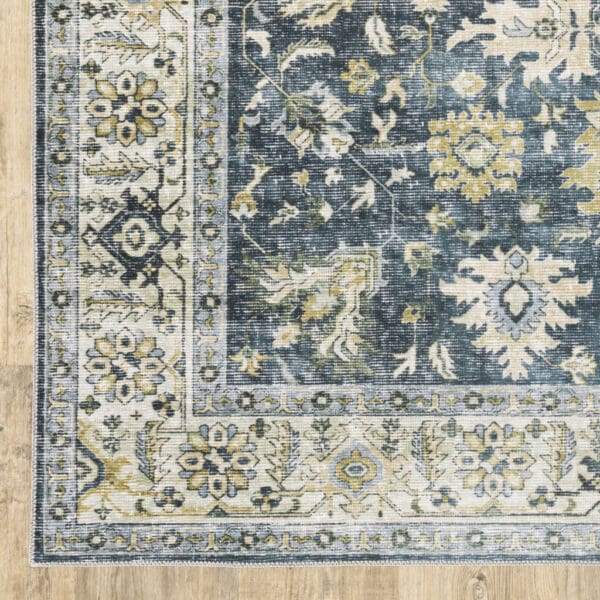 5' X 7' Blue Gold Green And Ivory Oriental Printed Stain Resistant Non Skid Area Rug