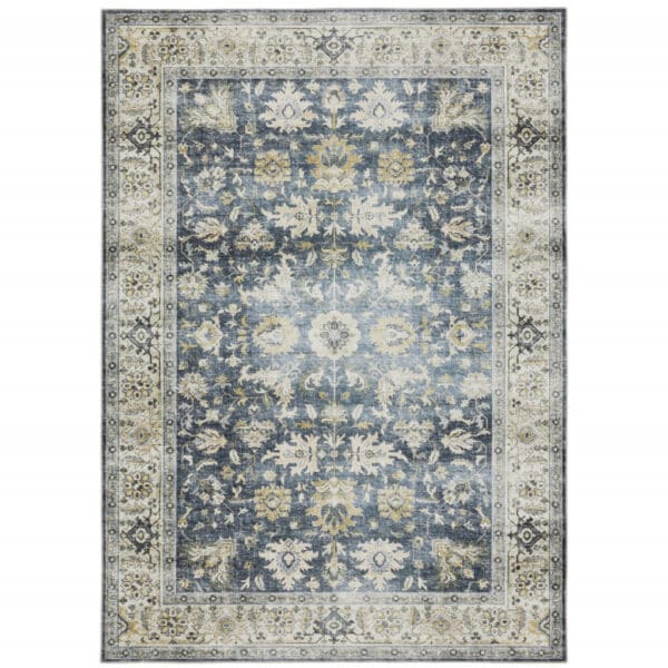 5' X 7' Blue Gold Green And Ivory Oriental Printed Stain Resistant Non Skid Area Rug - Image 3