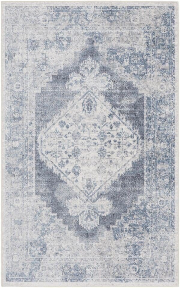 3' X 5' Blue Oriental Power Loom Distressed Washable Area Rug - Image 2