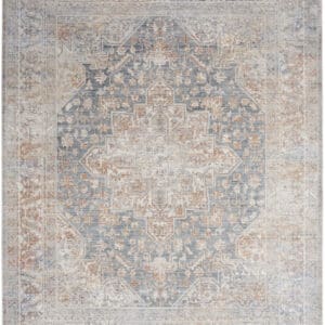 8'x 10' Ivory & Blue Oriental Power Loom Distressed Area Rug with Fringe