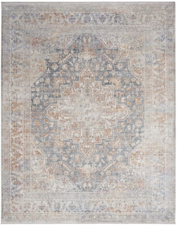 8'x 10' Ivory & Blue Oriental Power Loom Distressed Area Rug with Fringe