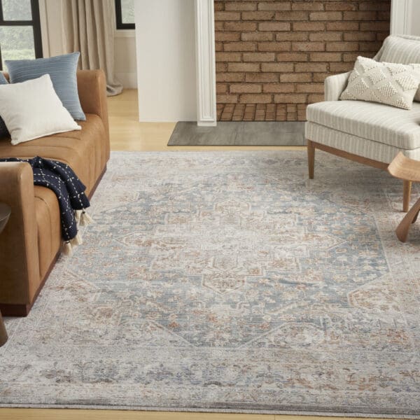 8'x 10' Ivory & Blue Oriental Power Loom Distressed Area Rug with Fringe - Image 7