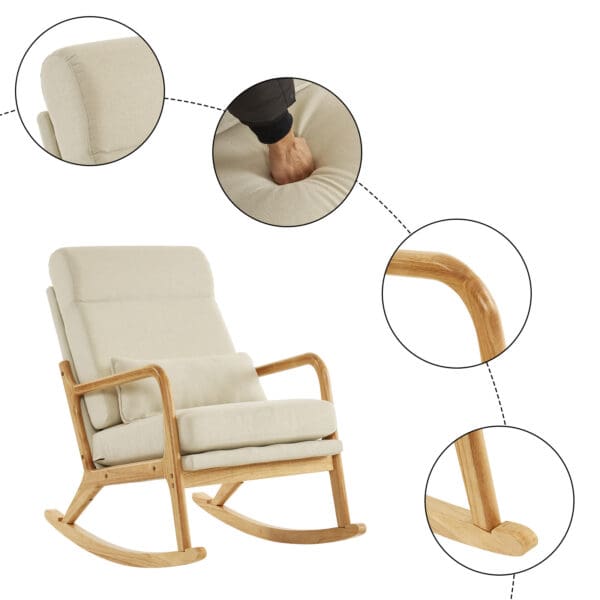 High Back Solid Wood Indoor Rocking Chair with Iron Frame and Pillow - Off-White Linen - Image 3