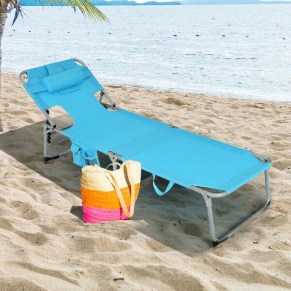 Folding Beach Lounge Chair with Pillow - Turquoise or Gray - Image 2