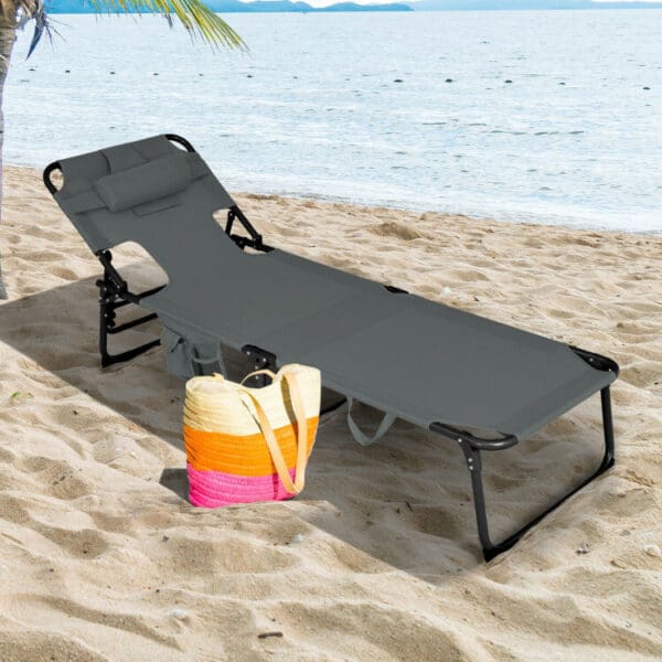 Folding Beach Lounge Chair with Pillow - Turquoise or Gray - Image 6