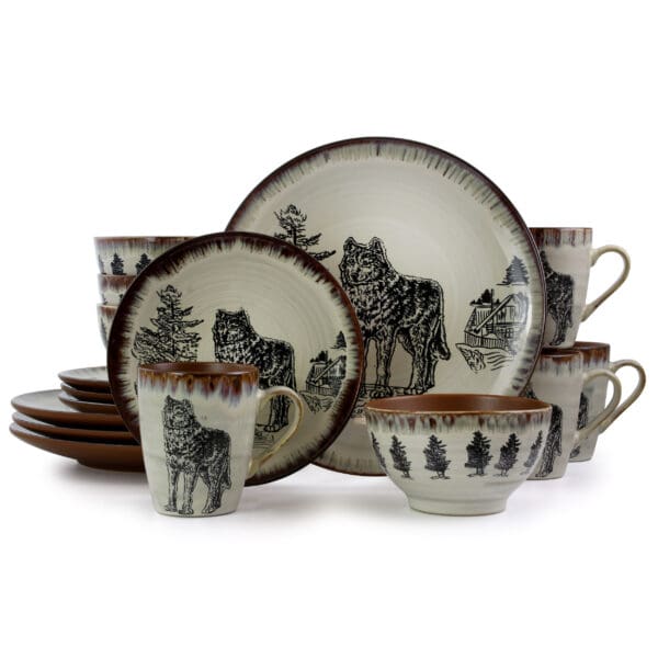 Majestic Wolf Luxurious Stoneware Dinnerware - 16 Pcs, Taupe