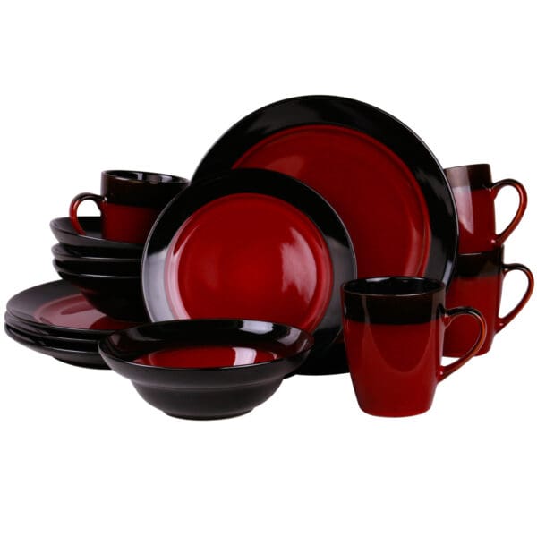 Tanizia High Gloss Dinnerware Set - 16 Pcs, Deep Red & Black