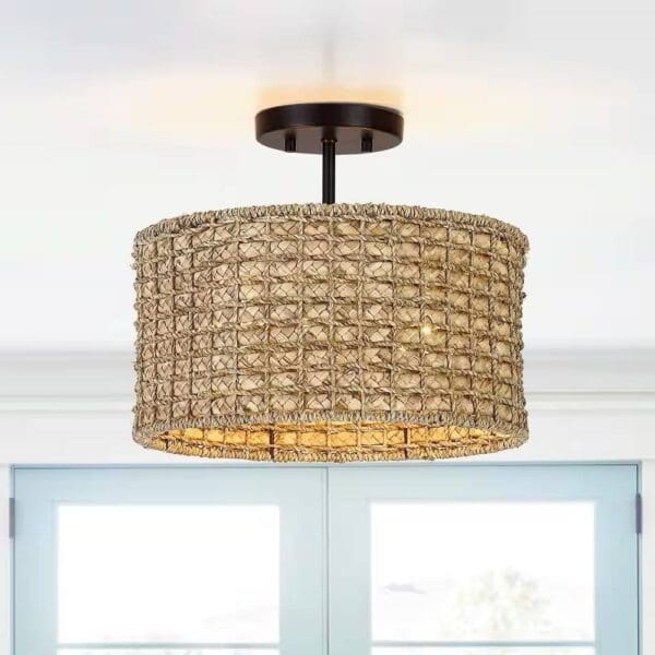 Bohemian 13.6" Round Rattan Drum 2-Light Ceiling Light - Semi-Flush Mount