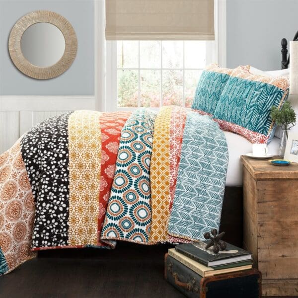 King size Cotton 3 PC Reversible Bohemian Stripe Quilt Set - Teal & Orange