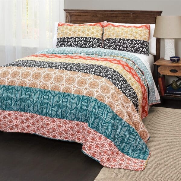 King size Cotton 3 PC Reversible Bohemian Stripe Quilt Set - Teal & Orange - Image 2