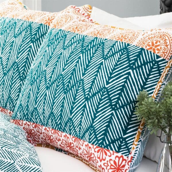 King size Cotton 3 PC Reversible Bohemian Stripe Quilt Set - Teal & Orange - Image 3