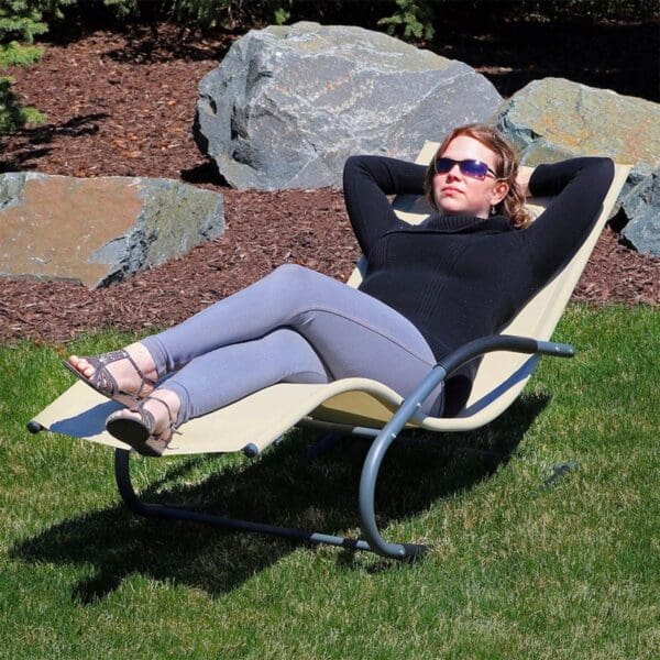 Modern Beige Rocking Chaise Lounger Patio Lounge Chair with Pillow - Image 3