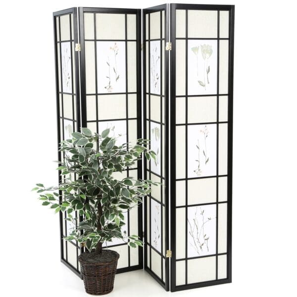 Black 4-Panel Room Divider Shoji Screen with Asian Floral Print - Image 2