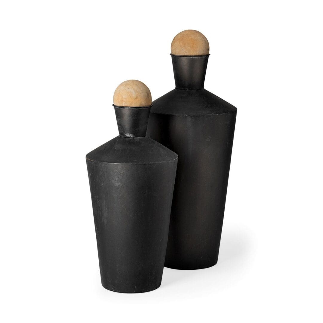 Set of Two Black and Brown Metal Cylindrical Urns - Image 2