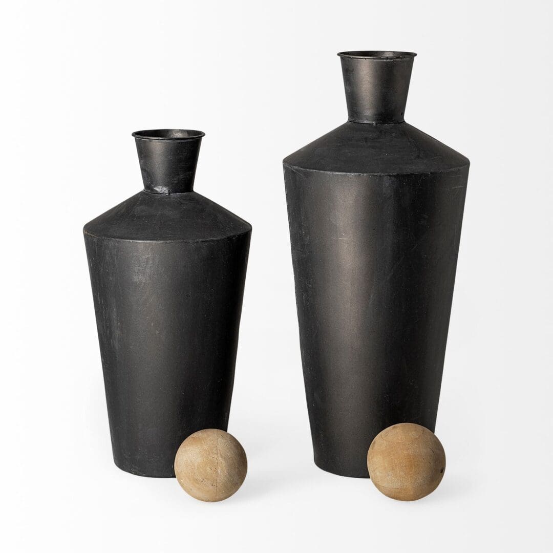 Set of Two Black and Brown Metal Cylindrical Urns - Image 3