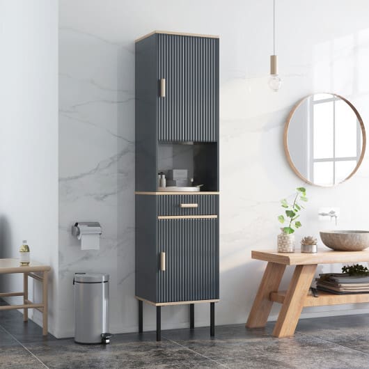 Free-Standing Bathroom Cabinet Narrow Linen with Doors and Drawer-Gray - Image 2